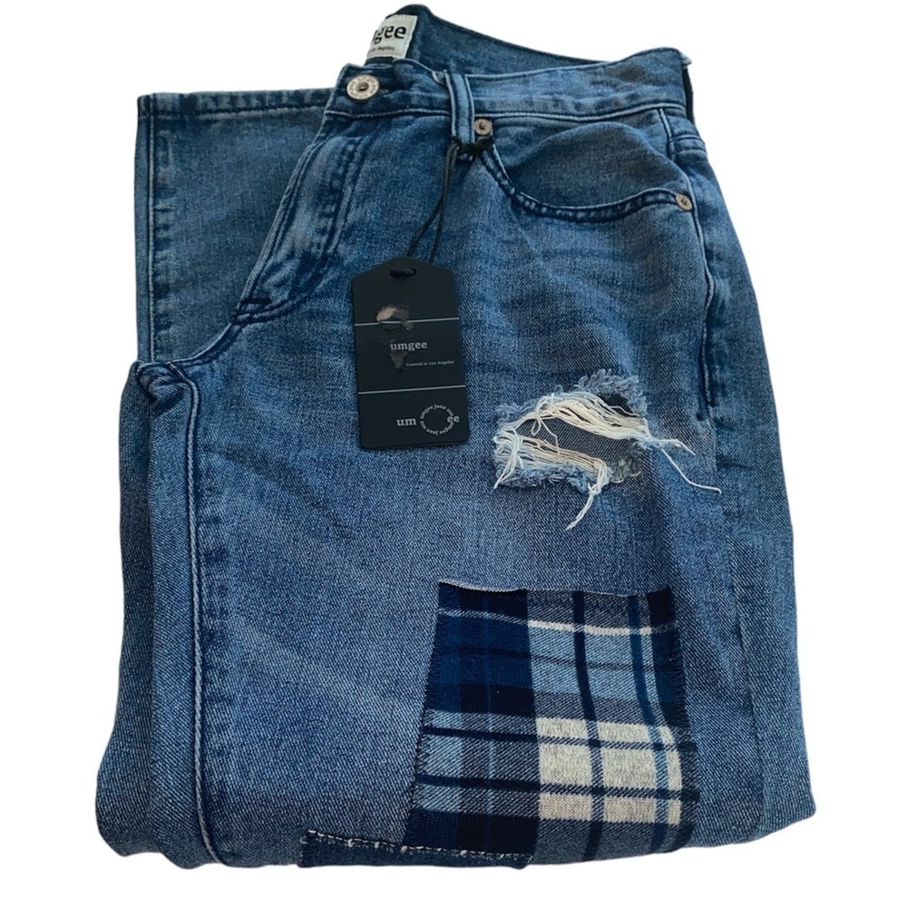 Umgee jeans boyfriend fit distressed plaid patches button/zip Sz 27 NWT